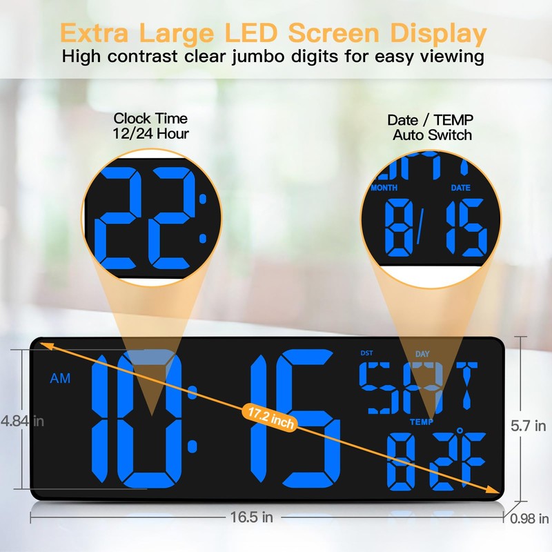 XREXS Large Digital Wall Clock with Remote Control, 16.5 Inch