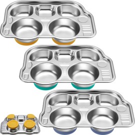 Layhit 3 Pcs Stainless Steel Toddler Plates with Suction Divided Plates for Baby 5 Sections Dinner Plates Bus Car Shape Non Slip Unbreakable Kids Dishes for Feeding Cereal Snack, Dishwasher Safe