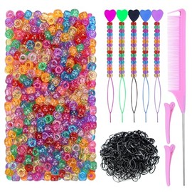 Ningrou 1008 Pcs Hair Beads Kit for Girls Hair Braids, 500Pcs 9x6mm Glitter Pony Beads, 500Pcs Mini Elastic Rubber Bands, 5Pcs Quick Beaders, 1Pcs Rat