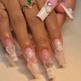 BABALAL Square Press on Nails Long Fake Nails White French Glue on Nails 3D Flower Bow rhinestone Acrylic Nails 24Pcs Glitter Shiny Planet Squoval Love Pink Heart Stick on Nails for Women and Girls