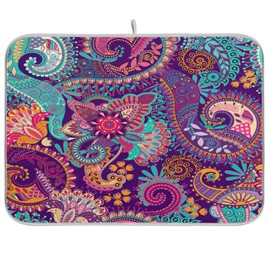 Kcldeci Indian Bohemian Mandala Dish Drying Mat Absorbent Reversible Microfiber Drying Mat Colorful Boho Floral Pattern Paisley Machine Washable Dish Drying Pad for Kitchen Counter Large 18x24 inch