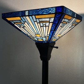 Capulina Tiffany Torchiere Floor Lamp, 70 Inches Tall Industrial Blackish Bronze Pole Blue Amber Rustic Style Stained Glass Torch Standing Light for Living Room Bedroom Home Office