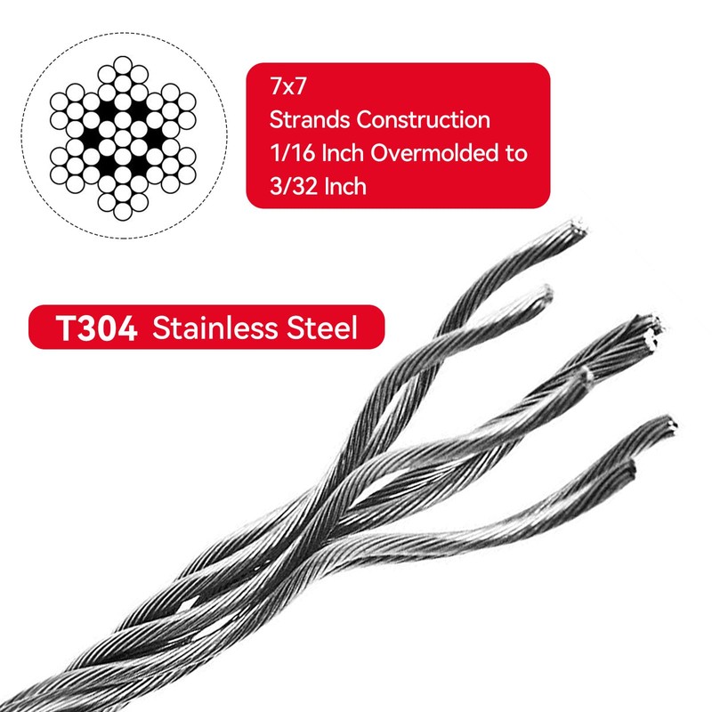 304 Stainless Steel Black Vinyl Coated Wire Rope,1/16 Inch Overmolded