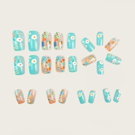 MIXFOSAHN Flower Press on Nails Medium Square Fake Nails Blue False Nails with Flowers Designs Dots Glossy Full Cover Stick on Nails Glue on Nails Flower Nails Acrylic Nails for Women Girls 24 Pcs