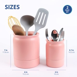 BLUE GINKGO Kitchen Utensil Holders - Set of 2 Ceramic Utensil Organizers | Large Utensil Holder, Small Cutlery Utensil Crock | Kitchen Utensils Holder for Countertop, Home Essentials - Pink