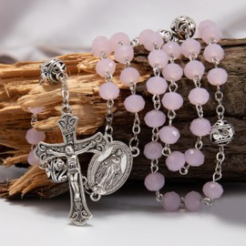 Nazareth Store 8mm Crystal & 10mm Alloy Mystery Prayer Beads Rosary Necklace St. Miraculous Medal and Catholic Cross (Pink Jade)