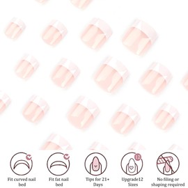 24Pcs Short False Nails Square - Classic French Tip False Nails - Nude Pink Press On Nails French Tip - High Glossy Fake Nails With Glue - Acrylic Stick On french Nails For Women Girls