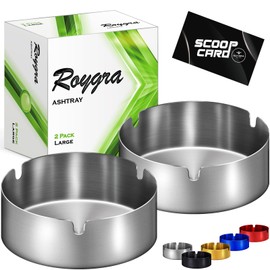 roygra Ashtray 2 Pack, Stainless Steel Ash Tray for Indoor or Outdoor Use, Unbreakable Tabletop Ash Holder for Home Outside Office Patio Balcony - Silver, Large
