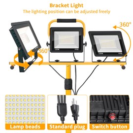 3 Head LED Work Light with Stand, 21000LM Super Bright Tripod Light, 59 Inches High with Up and Down Adjustment & Waterpoor Portable 100W Work Light On Stand for Outdoor Emergency