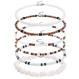 CASDAN 6 Pcs Surfer Necklace for Men Puka Shell Necklace Men Seashell Necklace Clam Chip Choker Hawaiian Shell Bead Necklace Coconut Beads Pooka Shell Choker Necklace