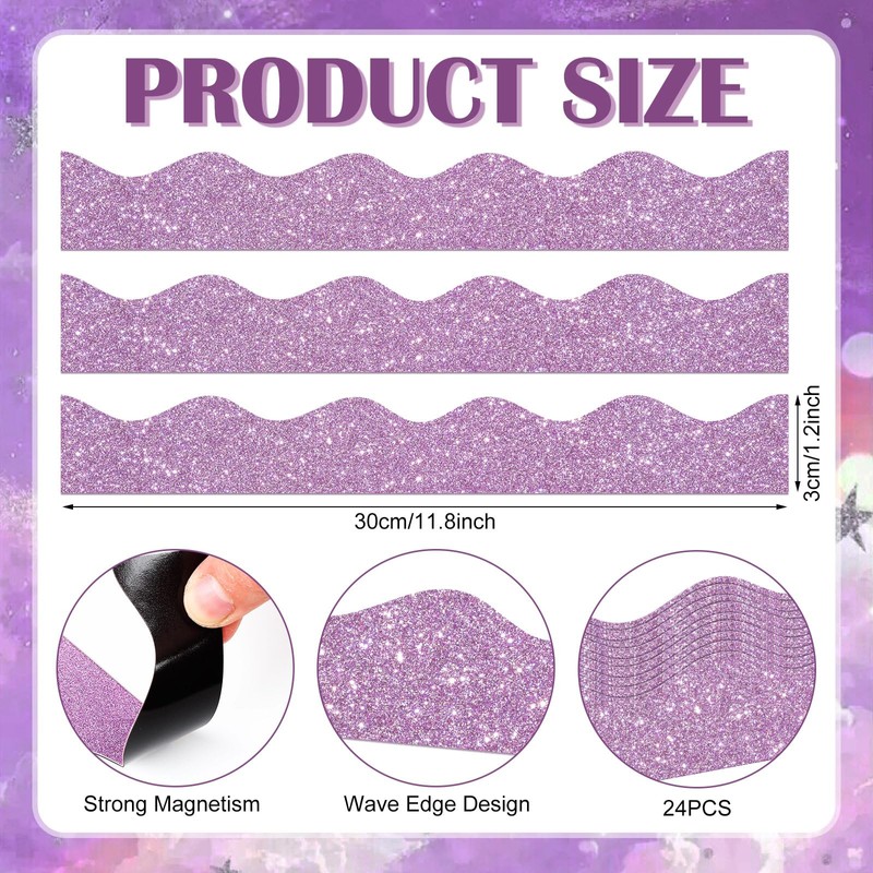 Qeeenar 24 Pcs Light Purple Glitter Magnetic Borders for Classroom