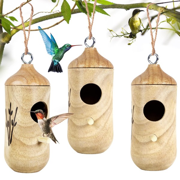 Hummingbird House for Outside Hanging,Wooden Humming Bird Nest 3 Pcs with Hemp Ropes (MI3723)