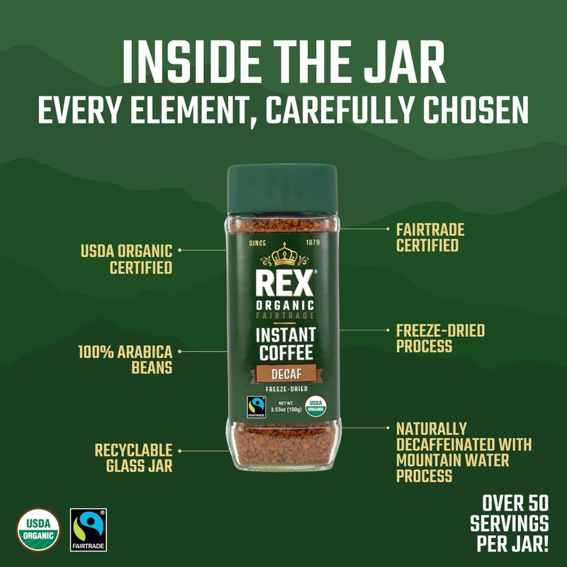Rex Organic Fairtrade Decaf Freeze-Dried Instant Coffee – Naturally Decaffeinated