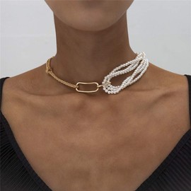 fxmimior Dainty Gold Chain Pearls Tassel Layered Necklace Stackable Choker Necklace Minimalist Necklace Chain Jewelry for Women and Girls