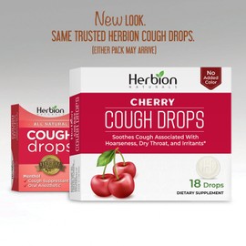 Herbion Naturals Cough Drops with Natural Cherry Flavor, Dietary Supplement, Soothes Cough, For Adults and Children over 6 years, 18 Drops, No Artificial Flavor, No Added Color.