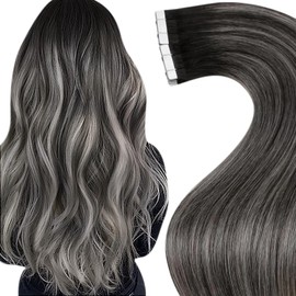 LaaVoo Tape in Hair Extensions Human Hair Black Ombre Natural Black to Silver Grey Tape in Extensions for Women Balayage Seamless Ombre Tape in Human Hair Extensions SIlky Straight 22Inch 20pcs 50g