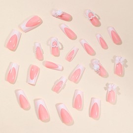 24 Pcs Pink Press on Nails Medium Square,MINGCHUN Spring White French Fake Nails Press ons Acrylic Nail Art Tip Kit with 3D Flower Heart Pearls Design Full Cover False Nails Glue on Nails for Women