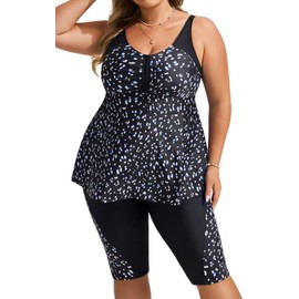 Hanna Nikole Women Plus Size Two Piece Swimsuits Tummy Control High Waist Tankinis Blue and White Dots 26