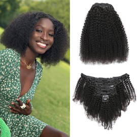 LDGUGO Afro Kinky Curly Clip in Hair Extensions Real Human Hair 12 Inch 8Pcs 100g/set 10A Brazilian Remy Hair,4B 4C Kinky Curly Clip Ins for Black Women Natural Color