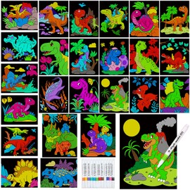 Zhanmai Pack of 48 Dinosaur Velvet Coloring Posters and Watercolor Pens Fuzzy Velvet Coloring Posters for Adults Teenagers Large Coloring Poster for Classroom Festive Holiday Arts Crafts Activity