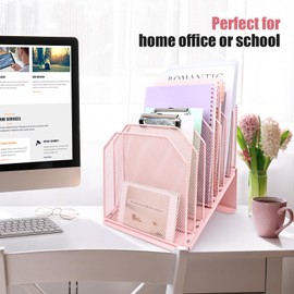 SUMMORO Inclined File Organizer for Desk, 7-Tier Vertical File Folder Holder Office Desk Organizer Metal Rack File Wire Mesh Desktop Document Sorter for Office School Classroom Home (Pink)