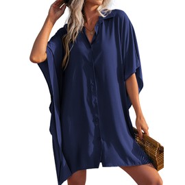AI'MAGE Women's Beach Dress Bikini Cover Up Dolman Sleeves Beach Poncho Summer V-Neck Swimwear Beach Cover Up Shirt, navy