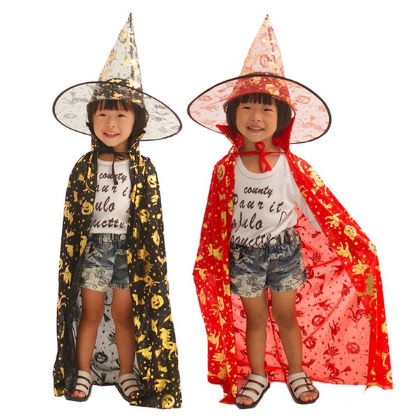NATURE NATION Halloween Costumes for Girls and Boys - Wizard Costume & Witch Girls, Gold Plated Cape Cape, Cloak Hat Kids 2PCs, 80*30cm