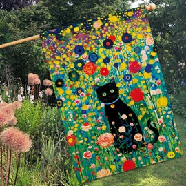 Jauageon Spring Summer Black Cat Garden Flag Colorful Floral Garden Flag Vertical Double Sided Rustic Farmland Burlap Yard Lawn Outdoor Decor 28x40" #BG346