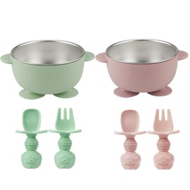 PandaEar 2 Pack Stainless Steel Baby Suction Bowls & 4 Pcs Silicone Baby Utensils Set, Non-Slip Toddler Food Bowls with Silicone Sleeve & Anti-Choke Spoon Fork Set for Babies Led Weaning