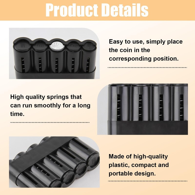Coin Box with 5 Compartments, Coin Dispenser in Black, Change
