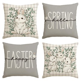 AVOIN colorlife Happy Easter Buffalo Plaid Rabbit Gray Throw Pillow Cover, 20 x 20 Inch Eucalyptus Leaves Hello Spring Cushion Case Decoration for Sofa Couch Set of 4