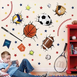 decalmile Wandtattoo 3D Fußball Durchbruch Junge Wandaufkleber Sport Bälle Basketball Wandsticker Kinderzimmer Babyzimmer Spielzimmer Wanddeko