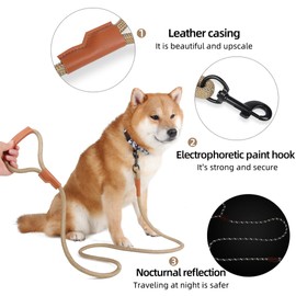 AIHIKONG Heavy Duty Rope Dog Leash, Comfortable Leather Handle and Highly Reflective Threads, Climbing Rope Dog Leash with Swivel Lockable Hook for Large Medium Small Dogs (Orange, 5FT X 0.3")