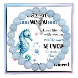 MollyQueen Seahorse Bracelet Sea Horse Gifts for Women Inspirational Gifts for Seahorse Lover Natural Stone Beaded Jewelry Gifts (Blue Seahorse Bracelet)