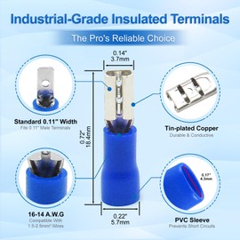 Baomain 100-Pack 0.11" Female Quick Disconnect Spade Terminals, 16-14 AWG 2.8mm, Insulated Crimp Connectors Blue