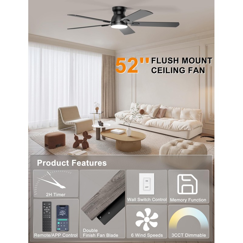 Ohniyou Ceiling Fans with Lights, 52 Inch Low Profile Ceiling