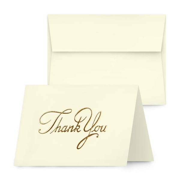 Business Thank You Cards, Nice Elegant Gold Embossed, Half Fold White Blank Greetings, Gift & Presents | Holidays, Baby & Bridal Showers, Weddings, Graduations | Set of 25 Cards & Matching Envelopes