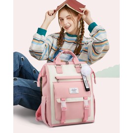 LOVEVOOK School Backpack for Student,15.6 Inch College Backpack, Light Weight Cute Bookbag for Girls, Waterproof Casual Daypack Laptop Backpack fits School Travel Casual（Pink&Beige）