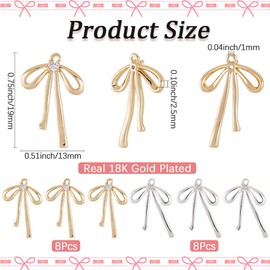 SUNNYCLUE 1 Box 16Pcs Real 18K Gold Plated Bowknot Charms Cubic Zirconia Bow Charms Brass Metal Silver Rhinestone Ribbon Coquette Pendants for Jewellery Making Supplies DIY Crafts Necklaces Earrings