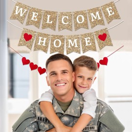 Pre-Strung Welcome Home Banner, Gold Glitter Welcome Home Banner - Pre-Strung on 8 ft Strand - Housewarming, Homecoming, Military Return Party Decorations & Decor(Gold Welcome Home)