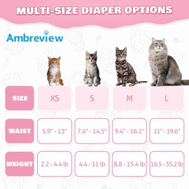 Ambreview Disposable Cat Diapers, Diapers for Female & Male Cats, 10 Count Size S, Easy to Put on & Doesn't Fall Off with Fur-Safety Fasteners, Female Kitten Diapers for Cats Dogs