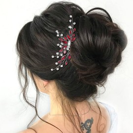 Unicra Peine para el pelo de novia de plata con cristales brillantes, accesorio para el pelo para mujeres y niñas (rojo-rojo)