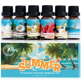 SNOWSEN Summer Essential Oil Set of 6 Premium Fragrance Oils - Includes Watermelon, Coconut, Ocean Breeze, Plumeria, Vanilla Ice Cream & Pina Colada Diffuser Oils, Candle Making Scents