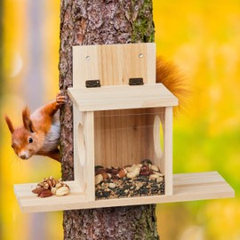 Relaxdays 1 x Wooden Squirrel Feeder Kit 2 Entrance & Platform Hanging Squirrel House Natural