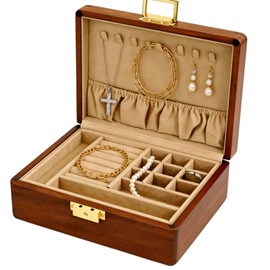 Bescott 2 Layer Solid Wooden Jewelry Box with Lock and Key for Women Men Vintage Velvet Wood Jewelry Organizer Storage for Earrings Rings Necklaces Bracelet Watch Mother’s Day Gift