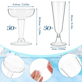 SiliFine 100 Pack Plastic Martini Glasses Disposable Cocktail Unbreakable Tall Stemmed Wine Glasses for Wedding Birthday Graduation Decorations Party Supplies(Cocktail Glass, Champagne Glass)