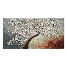 Alenoss Hand-Painted 24x48 inch 3D Abstract Modern Oil Painting On Canvas Colorful White Flower/Floral Paintings Wall Canvas Art Artwork Living Room Decorations