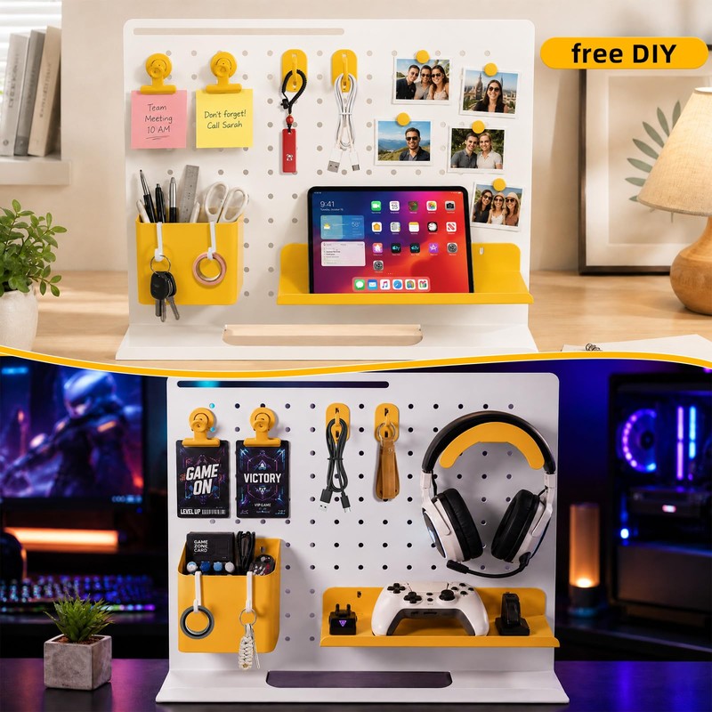 HOHOLEU Metal Desk Pegboard Organizer, No Drill Modular Storage Kit