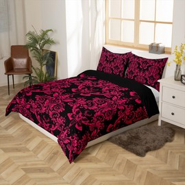 Feelyou Adults Pink Vintage Damask Floral Bedding Set Oriental Antique Comforter Cover Set Twin Size, Gothic Bohemia Boho Flower Duvet Cover Gothic Skull Bedspread Cover 2Pcs
