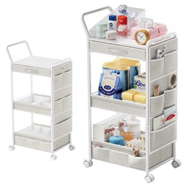 BBLIKE 3-Tier Diaper Caddy Organizer - Rolling Utility Baby Cart with Drawer and Side Pockets for Nursery and Baby Essentials, Multi-Function Cart for Bedroom and Bathroom, White